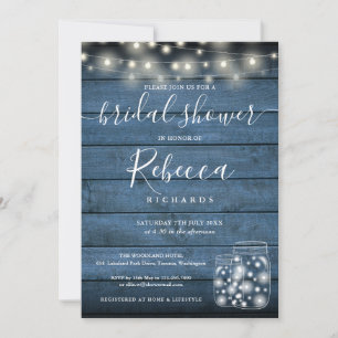 Invitación Luces de Cuerda Azules Frascos de Mason Letra Brid
