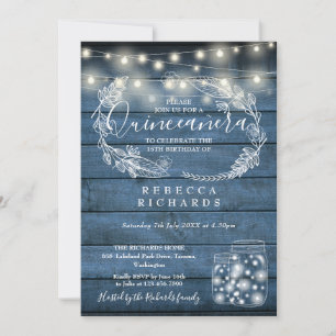Invitación Luces de Cuerda Azules Frascos de Mason Quinceañer