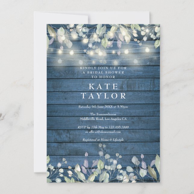 Invitación Luces de Cuerda Azules Madera Floral Despedida de  (Anverso)
