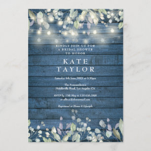 Invitación Luces de Cuerda Azules Madera Floral Despedida de 