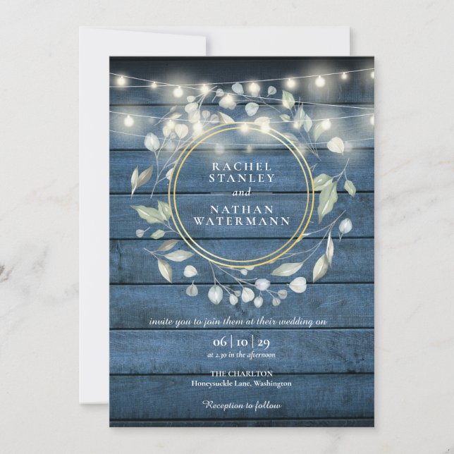 Invitación Luces de Cuerda Azules Madera Rústica Verde Bodas  (Anverso)