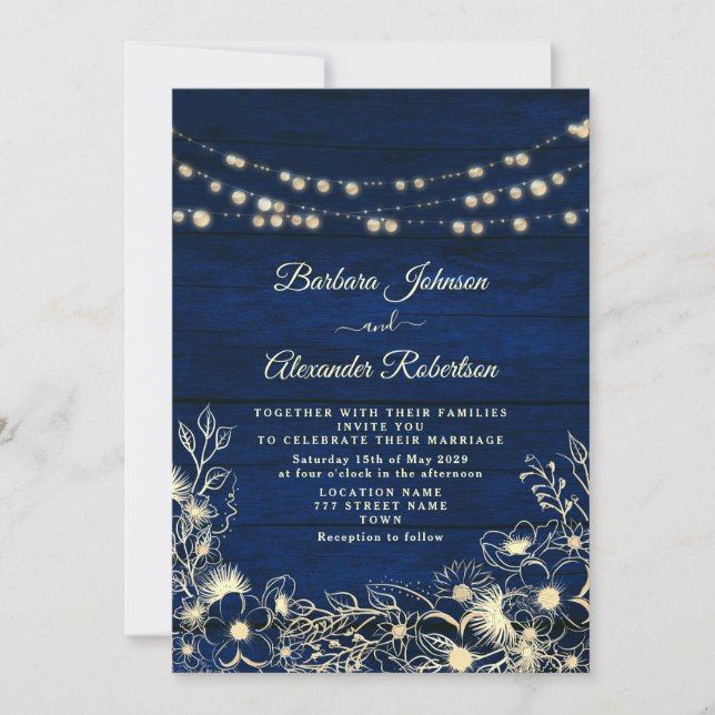 Invitación Luces de Cuerda Azules Marineras Rústicas para Bod (Anverso)
