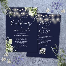 Invitación Luces de Cuerda Azules Navales Código QR Floral Bo