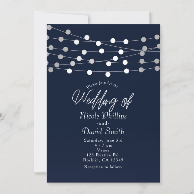 Invitación Luces de Cuerda Azules para Boda Moderna Chic (Anverso)