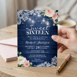 Invitación Luces de Cuerda Azules Rústicas Florales Cumpleaño