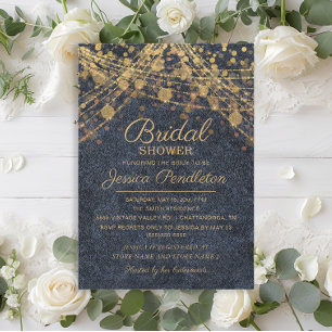 Invitación Luces de Cuerda Azules y Doradas Rustic Glam para