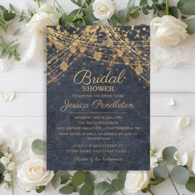 Invitación Luces de Cuerda Azules y Doradas Rustic Glam para  (Rustic glam navy blue and gold string lights bridal shower invitation)