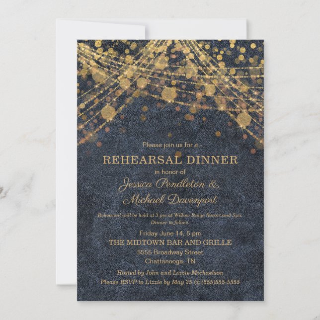 Invitación Luces de Cuerda Azules y Doradas Rustic Glam para  (Anverso)
