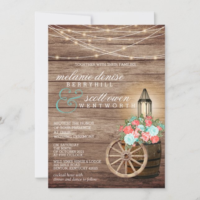 Invitación Luces de cuerda, barril de madera y Verde azuladas (Anverso)