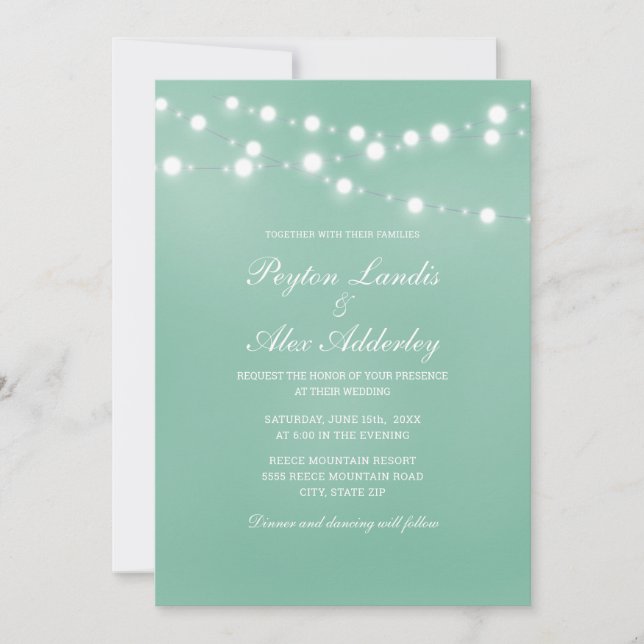 Invitación Luces de Cuerda Blancas Neo Mint Elegantes para Bo (Anverso)