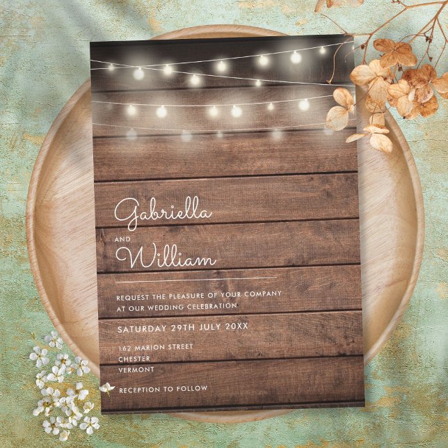 Invitación Luces de Cuerda Boda de Madera Rústica (Subido por el creador)
