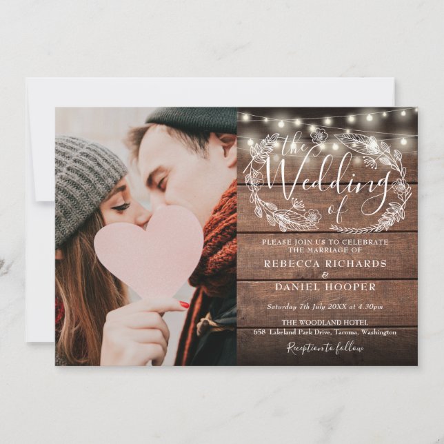 Invitación Luces de Cuerda Boda Foto Escritura Madera Rústica (Anverso)