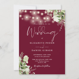 Invitación Luces de Cuerda Borgoña Monograma Floral Boda