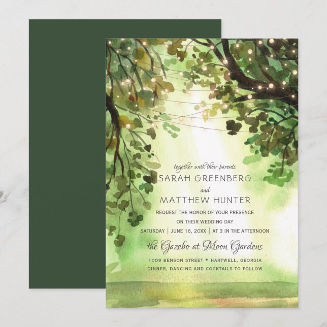 Invitación Luces de Cuerda Bosque Árboles Camino Boda Rústica (Anverso / Reverso)