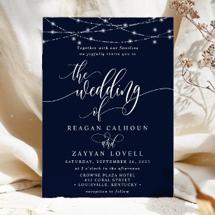 Invitación Luces de Cuerda Brillantes Boda Azul Marino Elegan