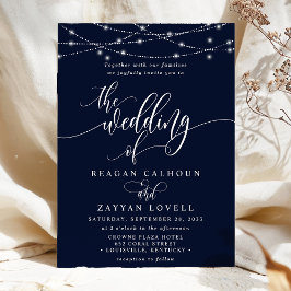 Invitación Luces de Cuerda Brillantes Elegante Boda Navy
