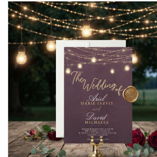 Invitación Luces de Cuerda Burgundy Rústicas Boda Romántica