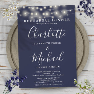 Invitación Luces de Cuerda Cena de Ensayo Azul Marino Script