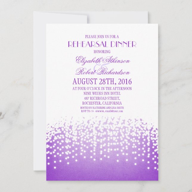 Invitación luces de cuerda cena de ensayo elegante morado (Anverso)