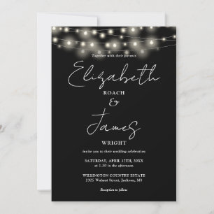 Invitación Luces de Cuerda Chic en Blanco y Negro Código QR B