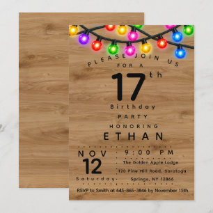 Invitación Luces de Cuerda Coloridas de Madera Rústica Cumple