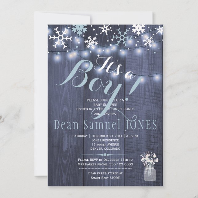 Invitación Luces de cuerda copos de nieve granero leña bebé d (Anverso)