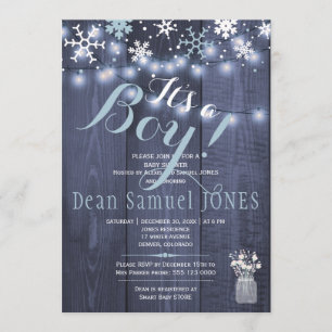 Invitación Luces de cuerda copos de nieve granero leña bebé d