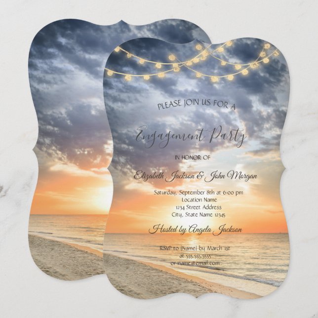 Invitación Luces de Cuerda de Amanecer en la Playa  Compromis (Anverso / Reverso)