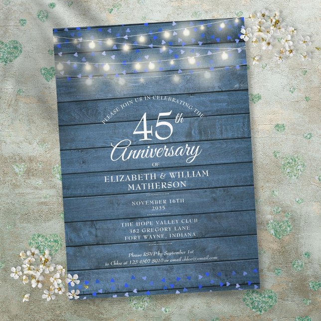 Invitación Luces de Cuerda de Aniversario 45º 65º Corazones d (45th 65th Anniversary String Lights Wood Hearts Invitation)