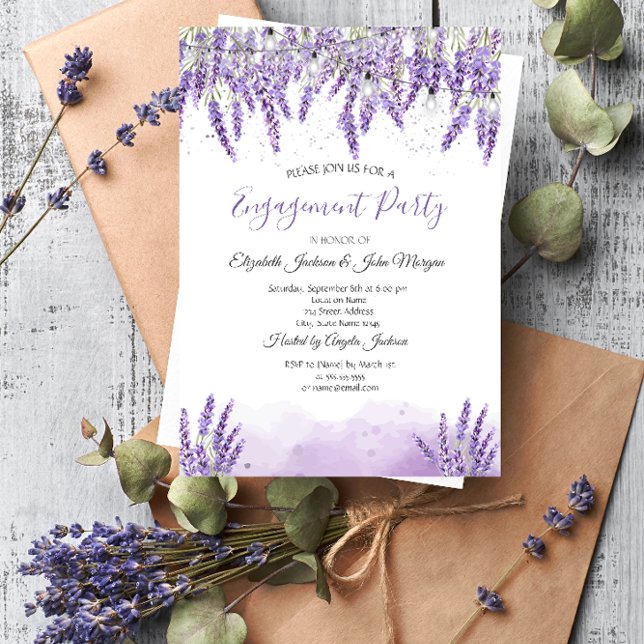Invitación Luces de Cuerda de Aquarela Lavanda para Compromis (Subido por el creador)
