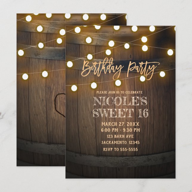 Invitación Luces de Cuerda de Barril de Madera Rústica Fiesta (Anverso / Reverso)