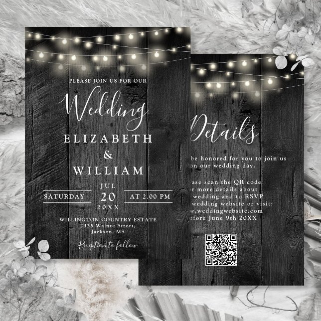 Invitación Luces de Cuerda de Boda de Madera Negra Rústica Có (Rustic Black Wood Wedding String Lights QR Code Invitation)