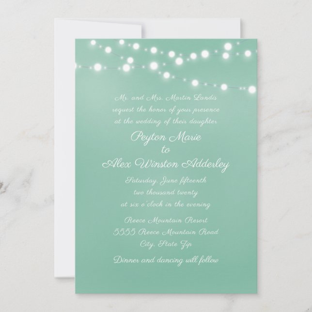 Invitación Luces de Cuerda de Bodas en Script Neo Mint Verde  (Anverso)