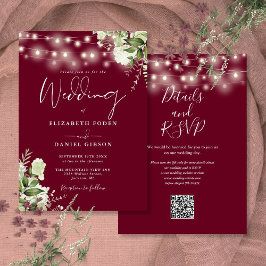 Invitación Luces de Cuerda de Borgoña Floral Código QR Boda