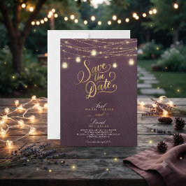 Invitación Luces de Cuerda de Borgoña Rústicas Save the Date