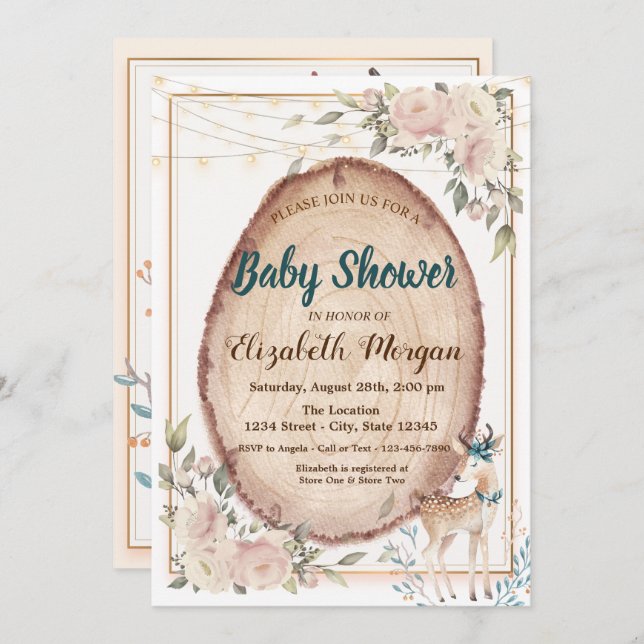 Invitación Luces de cuerda de ciervo, Baby Shower de madera f (Anverso / Reverso)