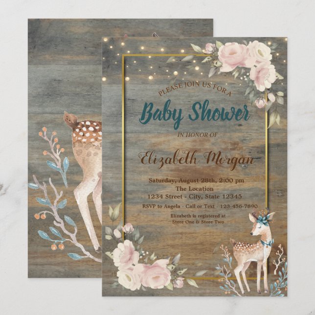 Invitación Luces de cuerda de ciervo, ducha de bebé floral de (Anverso / Reverso)