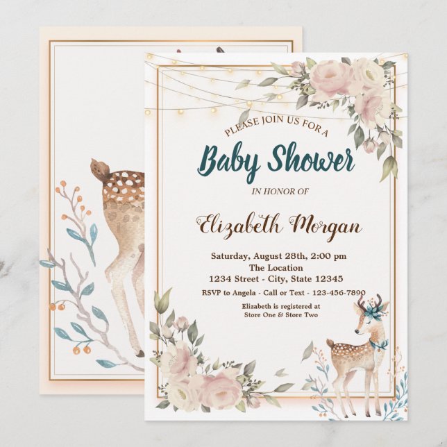 Invitación Luces de cuerda de ciervo lindo, ducha de bebé flo (Anverso / Reverso)