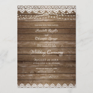 Invitación Luces de cuerda de encaje blanco de madera rústica