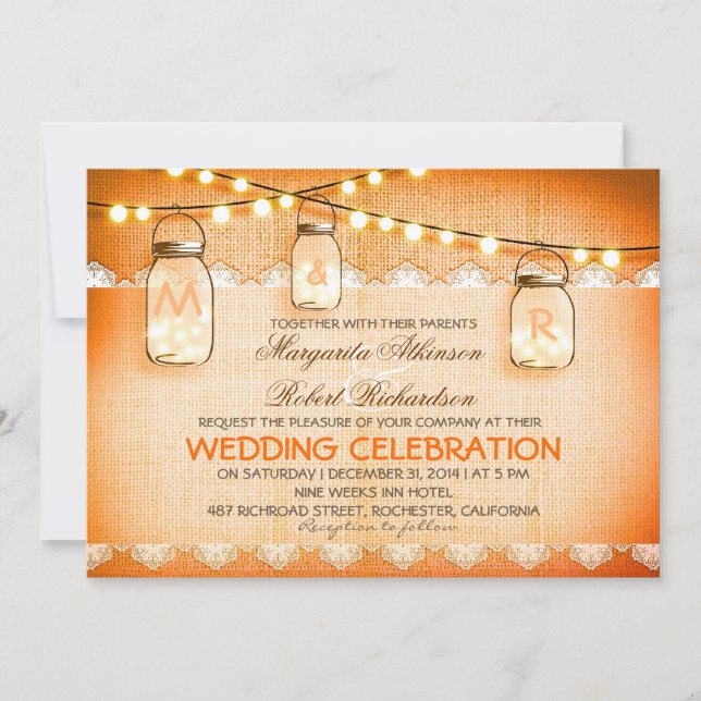 Invitación luces de cuerda de encaje de burlap y boda de alba (Anverso)