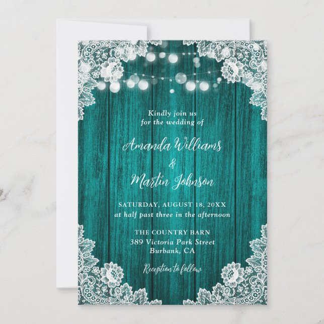 Invitación Luces de Cuerda de Encaje Floral de Madera Verde A (Anverso)