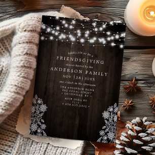 Invitación Luces de Cuerda de Encaje y Madera Friendsgiving R