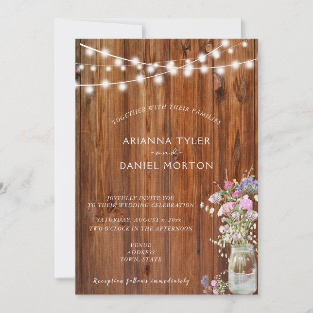 Invitación Luces de Cuerda de Flores de Primavera Rústicas en (Anverso)
