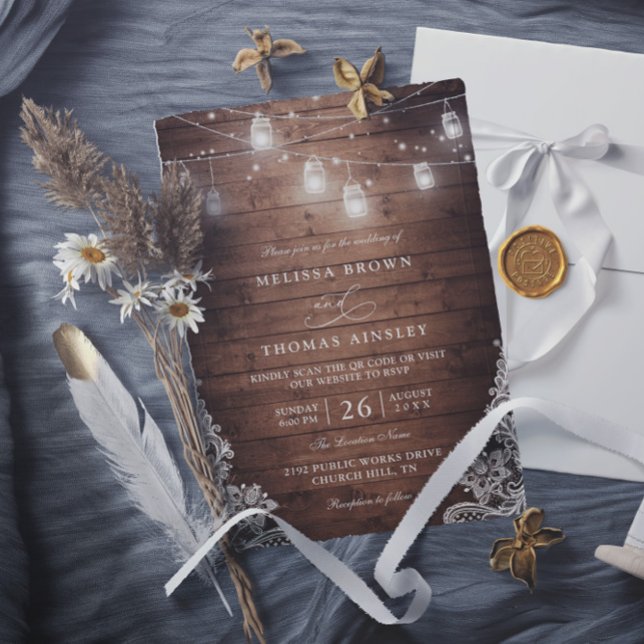 Invitación Luces de Cuerda de Frasco de Mason Rústico con Cód (Subido por el creador)