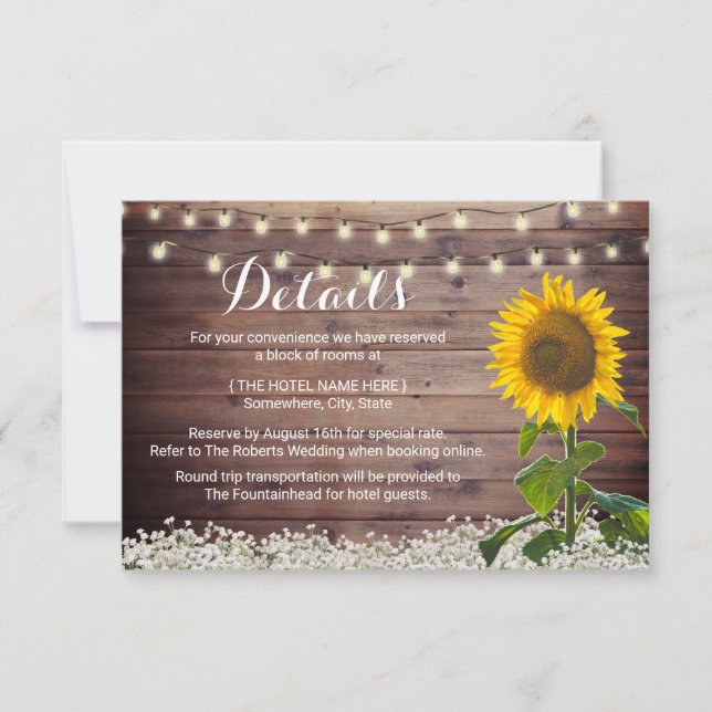Invitación Luces de Cuerda de Girasol Rústico para Bodas en e (Anverso)