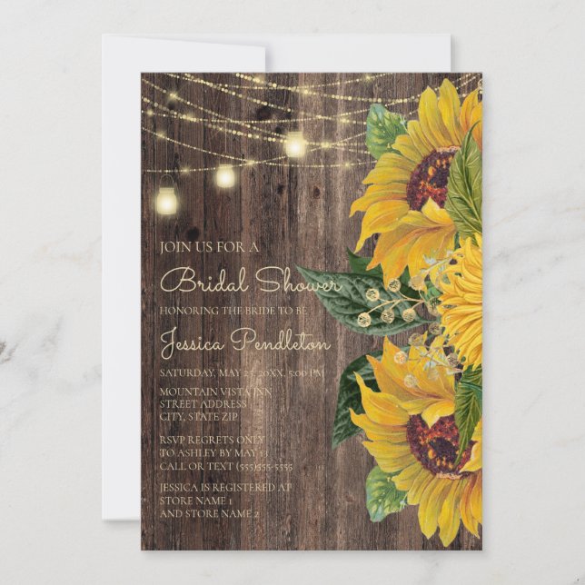 Invitación Luces de Cuerda de Girasoles de Madera Rústica par (Anverso)