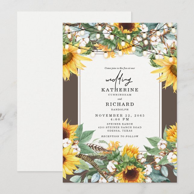 Invitación Luces de Cuerda de Girasoles Rústicos (Anverso / Reverso)