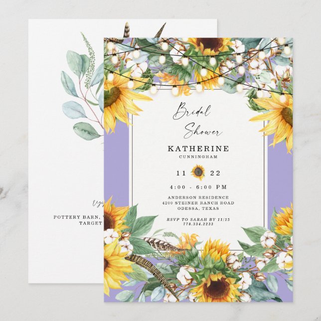 Invitación Luces de Cuerda de Girasoles Rústicos Bodas Lavand (Anverso / Reverso)