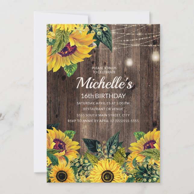 Invitación Luces de Cuerda de Girasoles Rústicos Cumpleaños 1 (Anverso)