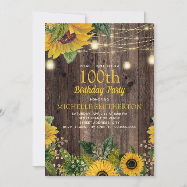 Invitación Luces de Cuerda de Girasoles Rústicos Cumpleaños 1 (Anverso)